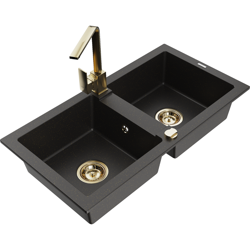 Mexen Mario dvojkomorový granitový dřez s kuchyňskou baterií Rita, černá/zlatý metalík - 6504-75-670300-50
