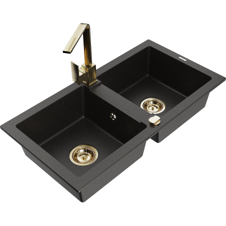 Mexen Mario dvojkomorový granitový dřez s kuchyňskou baterií Rita, černá/zlatý metalík - 6504-75-670300-50