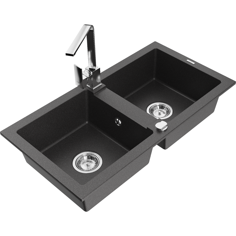 Mexen Mario žulový dřez 2-komorový s kuchyňskou baterií Rita, černý skvrnitý - 6504-76-670300-00