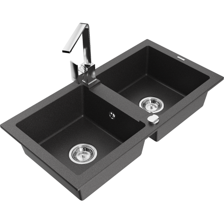 Mexen Mario žulový dřez 2-komorový s kuchyňskou baterií Rita, černý skvrnitý - 6504-76-670300-00