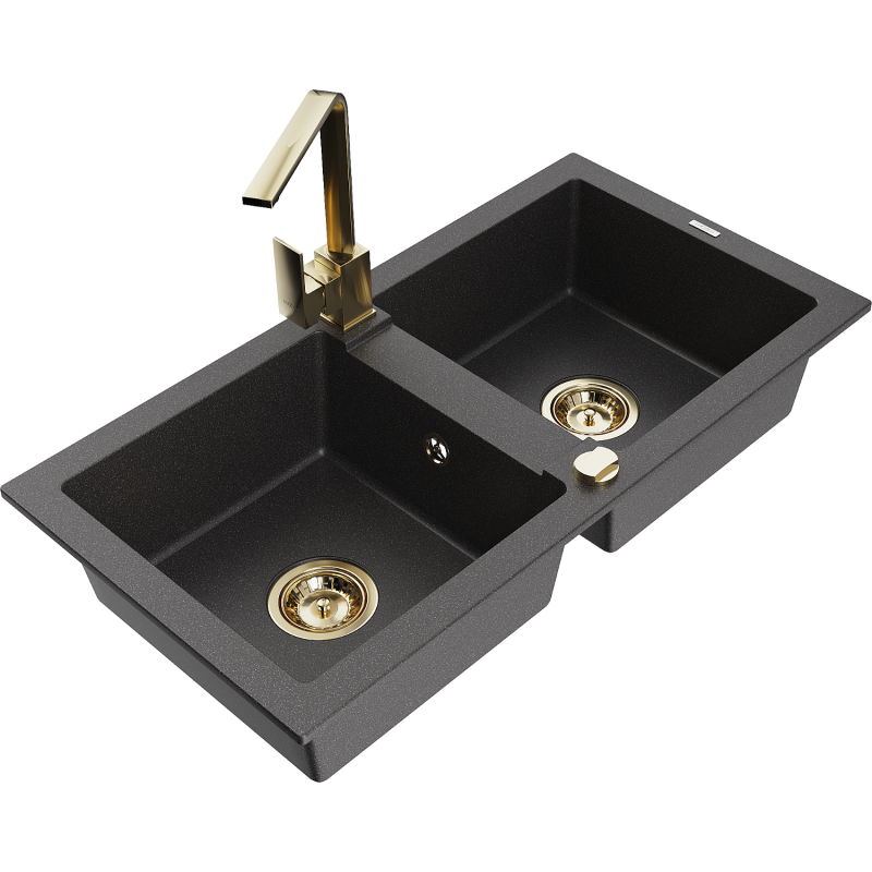 Mexen Mario žulový dřez 2-komorový s kuchyňskou baterií Rita, černý skvrnitý - 6504-76-670300-50