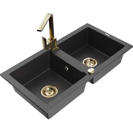 Mexen Mario žulový dřez 2-komorový s kuchyňskou baterií Rita, černý skvrnitý - 6504-76-670300-50