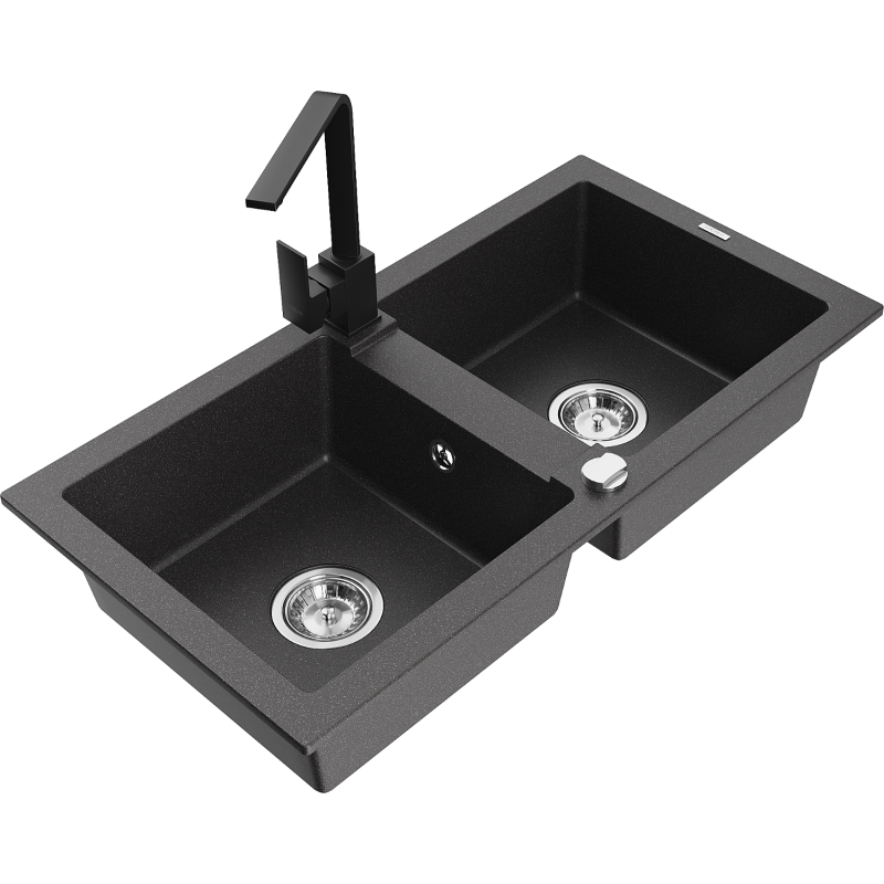 Mexen Mario granitový dřez 2-komorový s kuchyňskou baterií Rita, černý s kropením - 6504-76-670300-70
