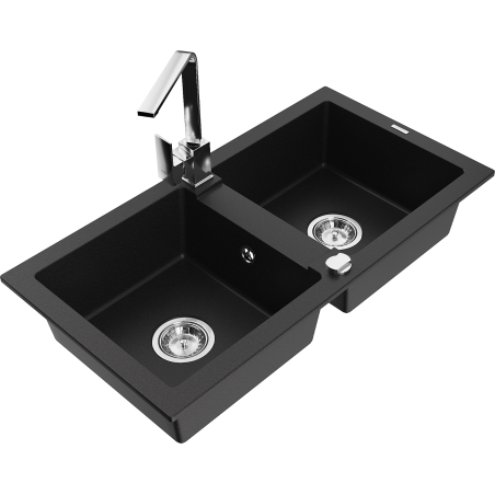 Mexen Mario dvoukomorový granitový dřez s kuchyňskou baterií Rita, černý - 6504-77-670300-00