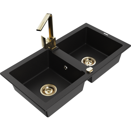 Mexen Mario granitový dvoukomorový dřez s kuchyňskou baterií Rita, černý - 6504-77-670300-50