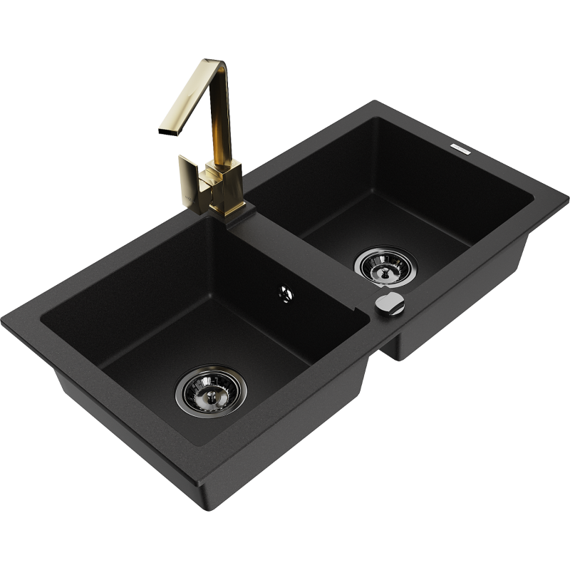 Mexen Mario granitový dřez 2-komorový s kuchyňskou baterií Rita, černý - 6504-77-670300-50-B