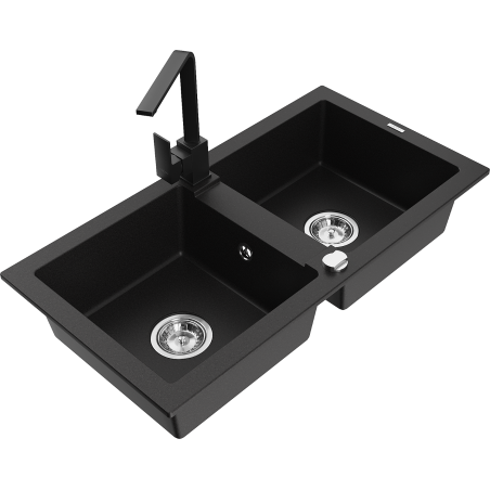 Mexen Mario granitový dřez 2-komorový s kuchyňskou baterií Rita, černý - 6504-77-670300-70