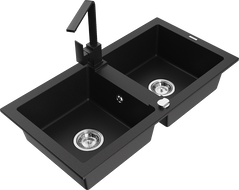 Mexen Mario granitový dřez 2-komorový s kuchyňskou baterií Rita, černý - 6504-77-670300-70