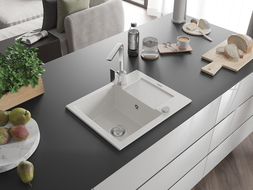 Mexen Enzo granitový kuchyňský dřez 1-komorový s odkapávačem a kuchyňskou baterií Rita, bílý - 6506-20-670300-00