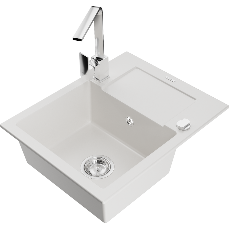 Mexen Enzo granitový kuchyňský dřez 1-komorový s odkapávačem a kuchyňskou baterií Rita, bílý - 6506-20-670300-00