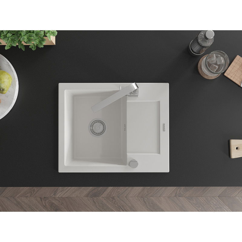Mexen Enzo granitový kuchyňský dřez 1-komorový s odkapávačem a kuchyňskou baterií Rita, bílý - 6506-20-670300-00
