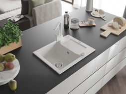 Mexen Enzo granitový dřez 1-komorový s odkapávačem a kuchyňskou baterií Rita, bílý - 6506-20-670300-20