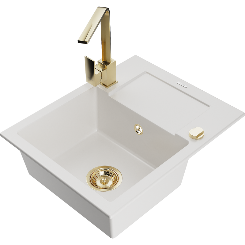 Mexen Enzo granitový dřez s 1 komorou, odkapávačem a kuchyňskou baterií Rita, bílý - 6506-20-670300-50