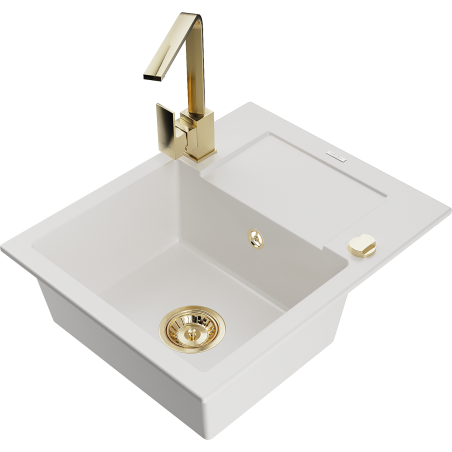 Mexen Enzo granitový dřez s 1 komorou, odkapávačem a kuchyňskou baterií Rita, bílý - 6506-20-670300-50