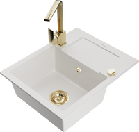 Mexen Enzo granitový dřez s 1 komorou, odkapávačem a kuchyňskou baterií Rita, bílý - 6506-20-670300-50