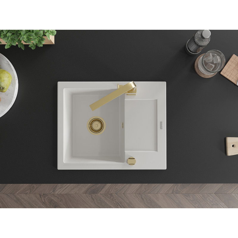 Mexen Enzo granitový dřez s 1 komorou, odkapávačem a kuchyňskou baterií Rita, bílý - 6506-20-670300-50