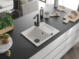Mexen Enzo granitový dřez s odkapávačem a kuchyňskou baterií Rita, bílý - 6506-20-670300-70