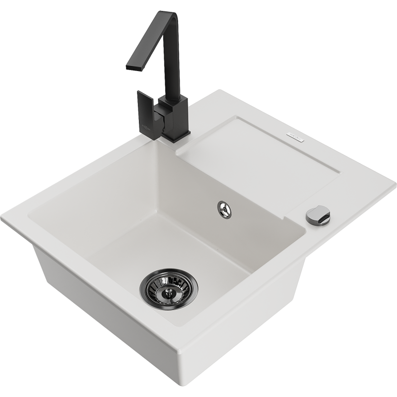 Mexen Enzo granitový dřez s odkapávačem a kuchyňskou baterií Rita, bílý - 6506-20-670300-70