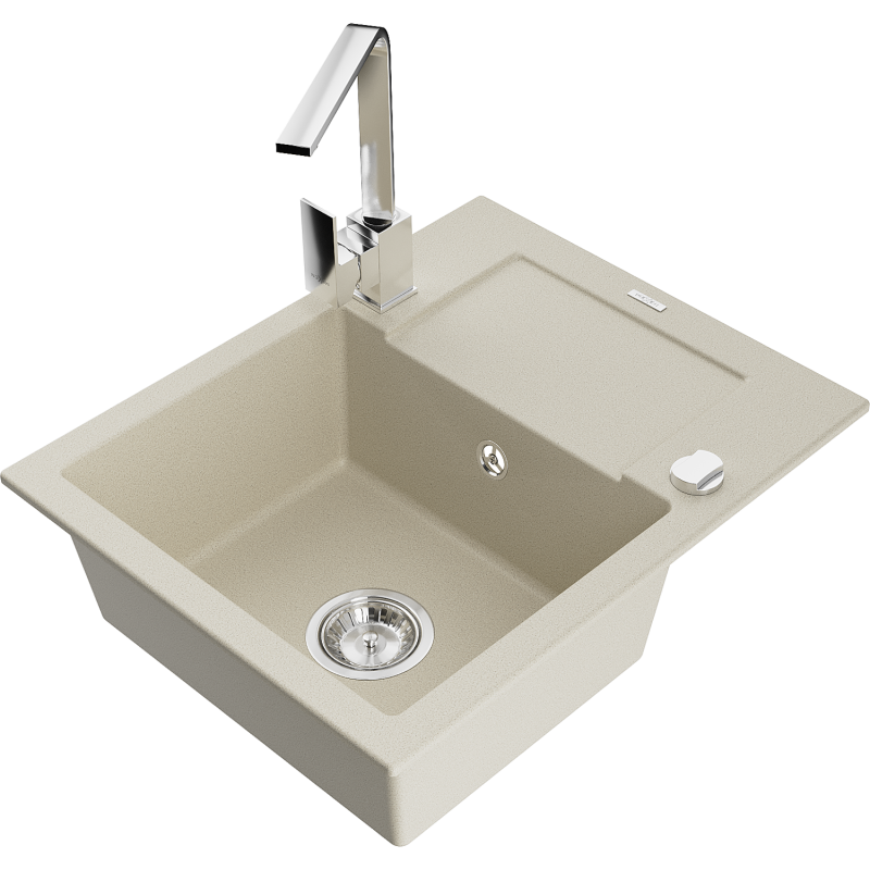 Mexen Enzo granitový dřez s 1 komorou a odkapávačem a kuchyňskou baterií Rita, béžový - 6506-69-670300-00