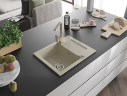 Mexen Enzo granitový dřez s 1 komorou a odkapávačem a kuchyňskou baterií Rita, béžový - 6506-69-670300-69
