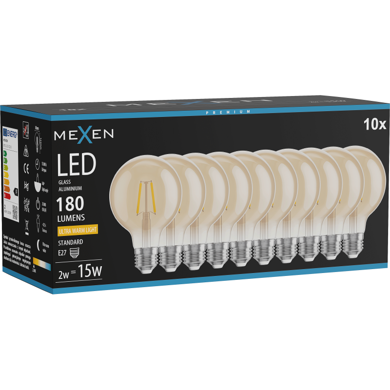 Mexen Vintis 10x žárovka filament LED E27, G80, 2W, Teplá - 2200K, 180 lm, jantarová - L155-E27-0222-50x10