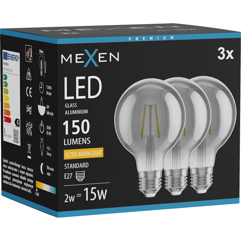 Mexen Vintis 3x Filamentová LED žárovka E27, G80, 2W, Teplá - 2200K, 150 lm, kouřová - L155-E27-0222-70x03