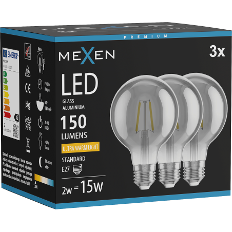 Mexen Vintis 3x Filamentová LED žárovka E27, G80, 2W, Teplá - 2200K, 150 lm, kouřová - L155-E27-0222-70x03