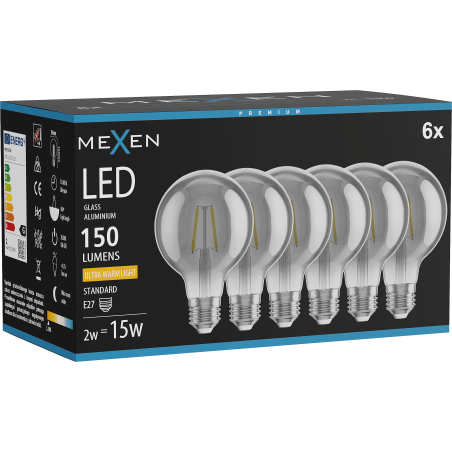Mexen Vintis 6x žárovka filament LED E27, G80, 2W, Teplá - 2200K, 150 lm, kouřová - L155-E27-0222-70x06