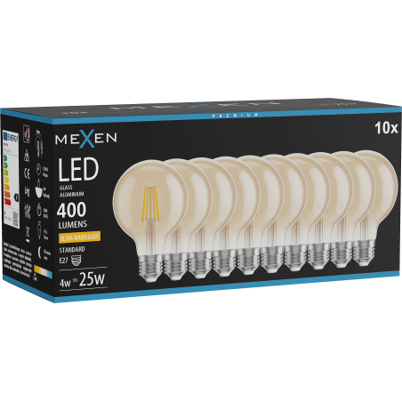 Mexen Vintis 10x žárovka filament LED E27, G80, 4W, Teplá - 2200K, 400 lm, jantarová - L155-E27-0422-50x10