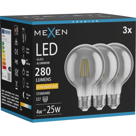 Mexen Vintis 3x LED filament žárovka E27, G80, 4W, Teplá - 2200K, 280 lm, černá - L155-E27-0422-70x03