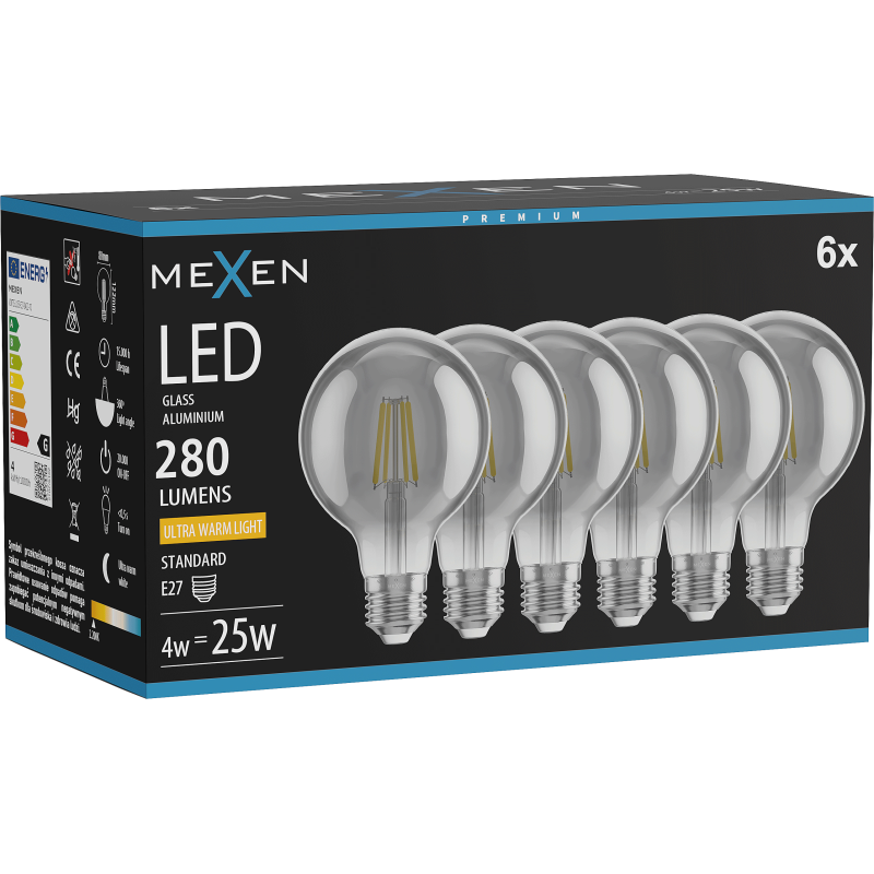 Mexen Vintis 6x žárovka filament LED E27, G80, 4W, Teplá - 2200K, 280 lm, kouřová - L155-E27-0422-70x06