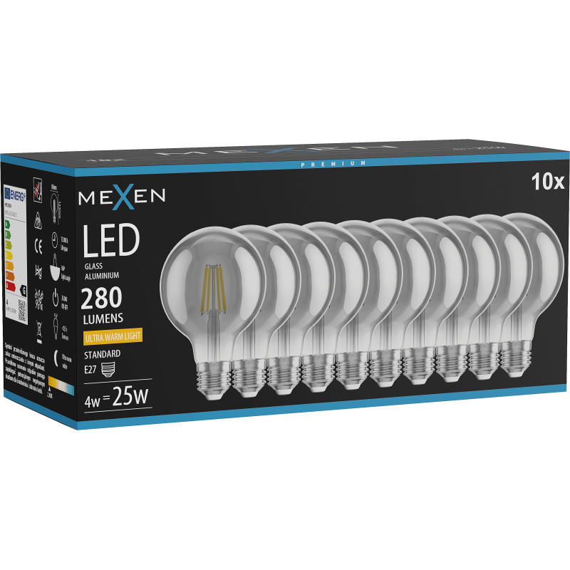 Mexen Vintis 10x žárovka filament LED E27, G80, 4W, Teplá - 2200K, 280 lm, kouřová - L155-E27-0422-70x10