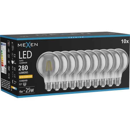 Mexen Vintis 10x žárovka filament LED E27, G80, 4W, Teplá - 2200K, 280 lm, kouřová - L155-E27-0422-70x10