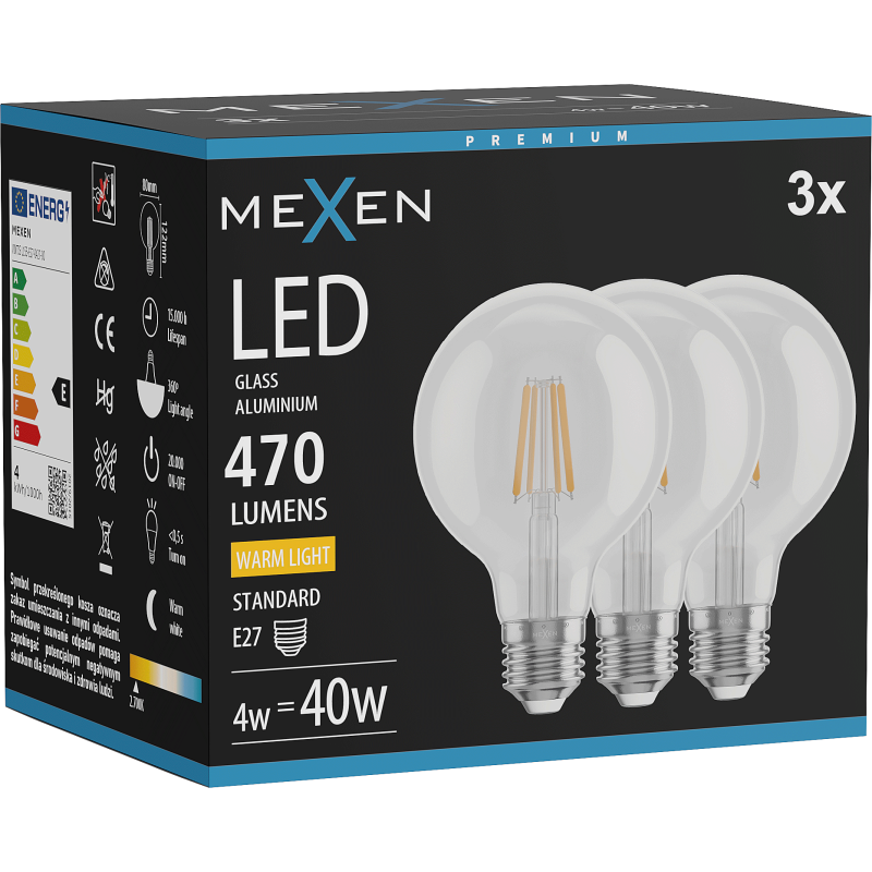 Mexen Vintis 3x LED vlákno žárovka E27, G80, 4W, Teplá - 2700K, 470 lm, čirá - L155-E27-0427-00x03