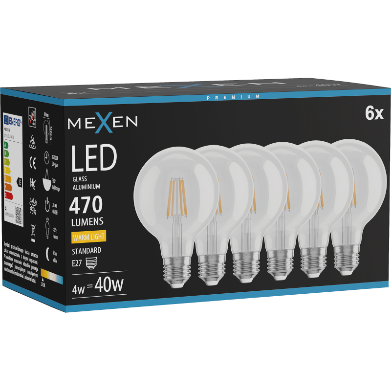 Mexen Vintis 6x žárovka filament LED E27, G80, 4W, Teplá - 2700K, 470 lm, čirá - L155-E27-0427-00x06