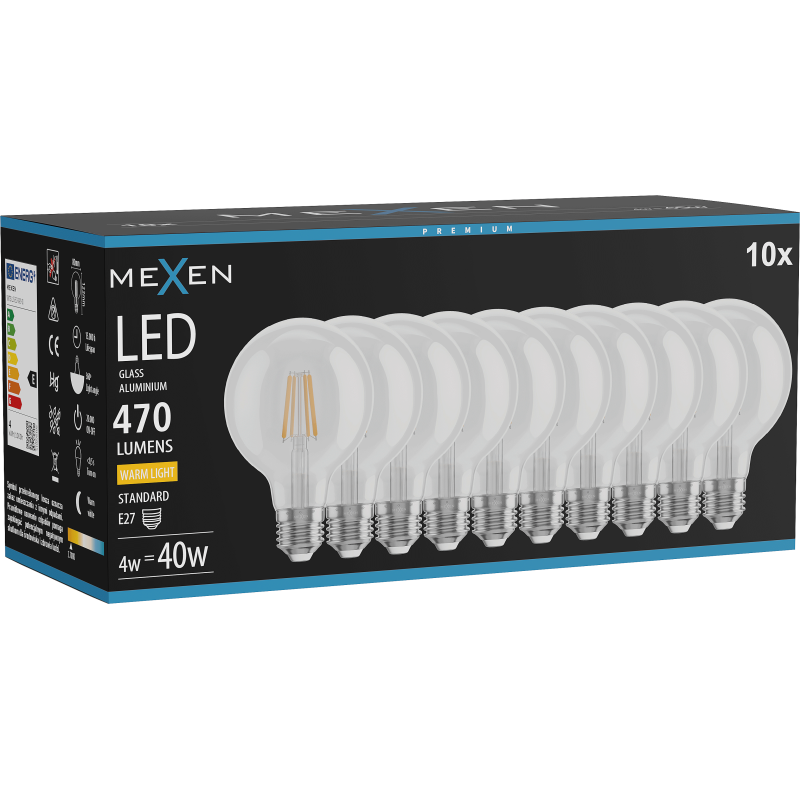 Mexen Vintis 10x LED filamentová žárovka E27, G80, 4W, Teplá - 2700K, 470 lm, čirá - L155-E27-0427-00x10