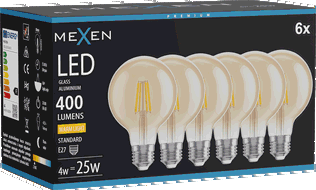 Mexen Vintis 6x LED žárovka s vláknem E27, G80, 4W, Teplá - 2700K, 400 lm, amber - L155-E27-0427-50x06