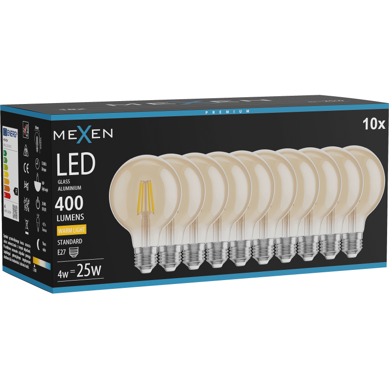 Mexen Vintis 10x žárovka filament LED E27, G80, 4W, Teplá - 2700K, 400 lm, jantarová - L155-E27-0427-50x10