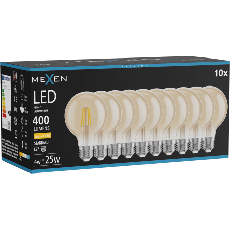 Mexen Vintis 10x žárovka filament LED E27, G80, 4W, Teplá - 2700K, 400 lm, jantarová - L155-E27-0427-50x10