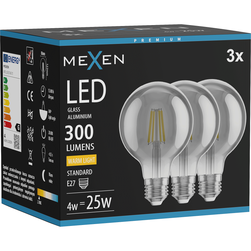 Mexen Vintis 3x žárovka filament LED E27, G80, 4W, Teplá - 2700K, 300 lm, kouřová - L155-E27-0427-70x03