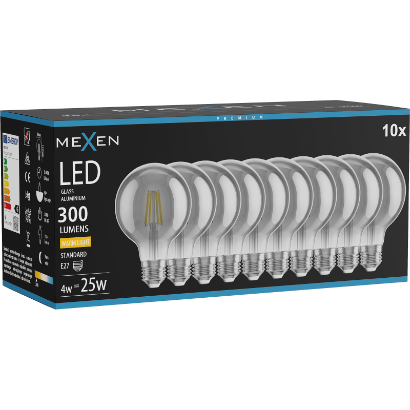 Mexen Vintis 10x žárovka filament LED E27, G80, 4W, Teplá - 2700K, 300 lm, kouřová - L155-E27-0427-70x10