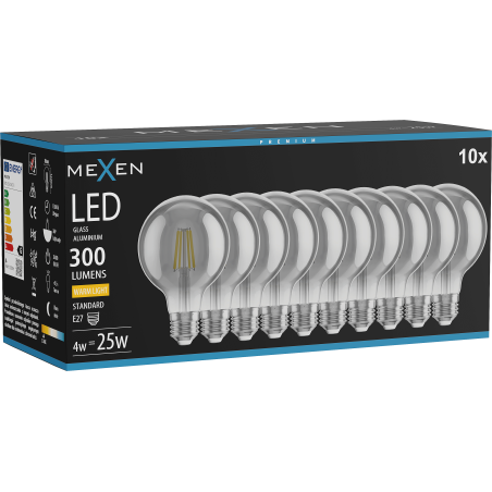 Mexen Vintis 10x žárovka filament LED E27, G80, 4W, Teplá - 2700K, 300 lm, kouřová - L155-E27-0427-70x10