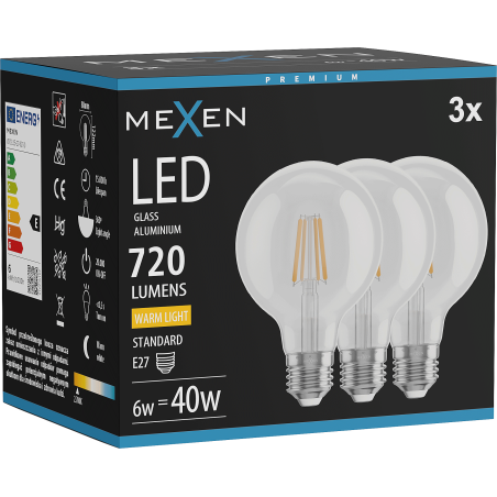 Mexen Vintis 3x žárovka filament LED E27, G80, 6W, Teplá - 2700K, 720 lm, čirá - L155-E27-0627-00x03