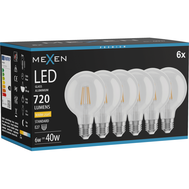 Mexen Vintis 6x žárovka filament LED E27, G80, 6W, Teplá - 2700K, 720 lm, čirá - L155-E27-0627-00x06