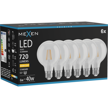 Mexen Vintis 6x žárovka filament LED E27, G80, 6W, Teplá - 2700K, 720 lm, čirá - L155-E27-0627-00x06