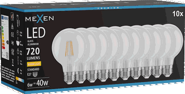 Mexen Vintis 10x žárovka filament LED E27, G80, 6W, Teplá - 2700K, 720 lm, čirá - L155-E27-0627-00x10