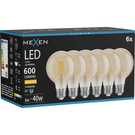 Mexen Vintis 6x žárovka filament LED E27, G80, 6W, Teplá - 2700K, 400 lm, jantarová - L155-E27-0627-50x06