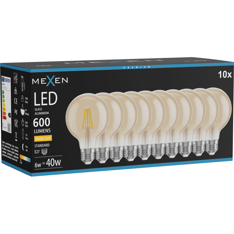 Mexen Vintis 10x Žárovka filament LED E27, G80, 6W, Teplá - 2700K, 400 lm, amber - L155-E27-0627-50x10