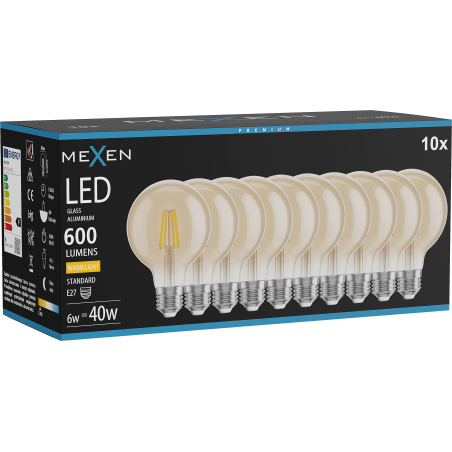 Mexen Vintis 10x Žárovka filament LED E27, G80, 6W, Teplá - 2700K, 400 lm, amber - L155-E27-0627-50x10