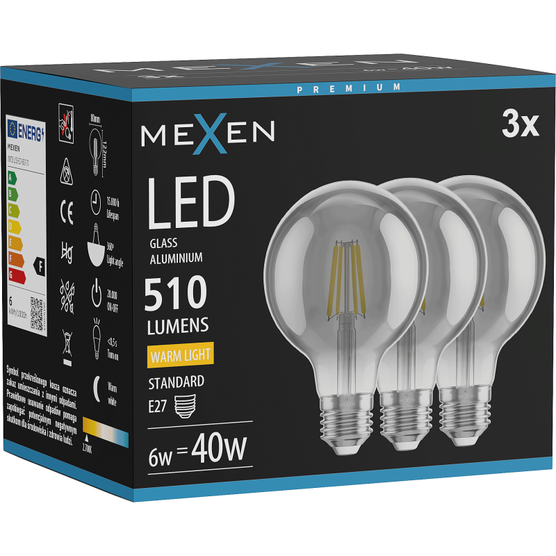 Mexen Vintis 3x Žárovka filament LED E27, G80, 6W, Teplá - 2700K, 510 lm, kouřová - L155-E27-0627-70x03